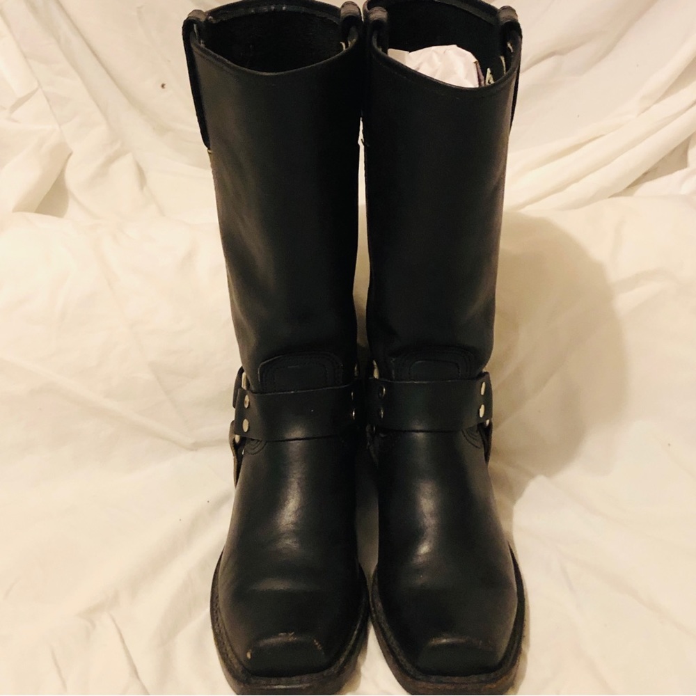 Black Frye Biltrite Boots size 6 1/2 square toe with silver buckle.